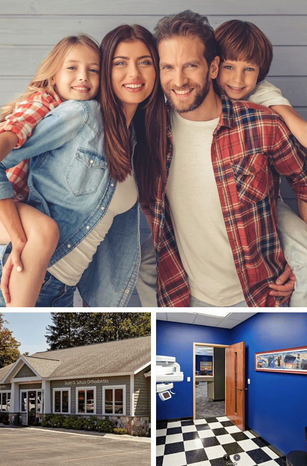 Discover What Sets Schulz Orthodontics Apart – Advanced Technology, Innovation & Smiles That Last! Collage - family is happily hugging and smiling near Schulz ortho building and a dental room
