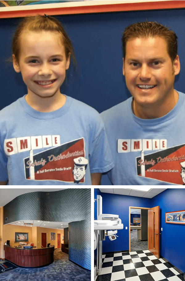 Explore Early Orthodontic Treatment Today! Collage - Dr Schulz with his young patient borh smiling and dental office photos below