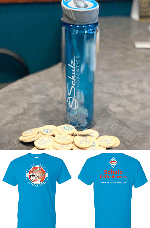 Join Our Token Incentive Program – Earn Rewards for Your Smile! Collage - drinking bottle and two t-shorts with Schulz logo