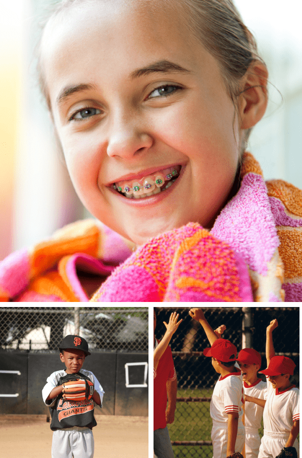 Protect Your Appliances & Play Sports Safely with Braces. Collage - kids playing sports and young girl is smiling